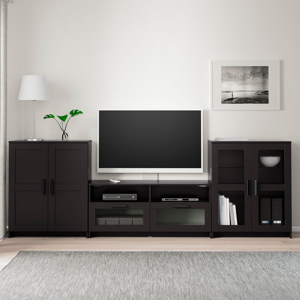 Brimnes تشكيلة تخزين تلفزيون أبواب زجاجية أسود Ikea