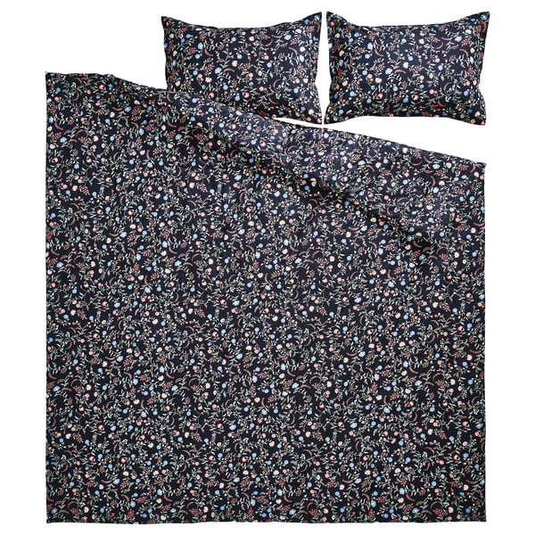 BRUDKRUSBÄR Comforter set, black/floral pattern, 240x220/50x80 cm