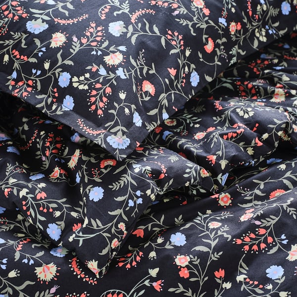 BRUDKRUSBÄR Comforter set, black/floral pattern, 240x220/50x80 cm