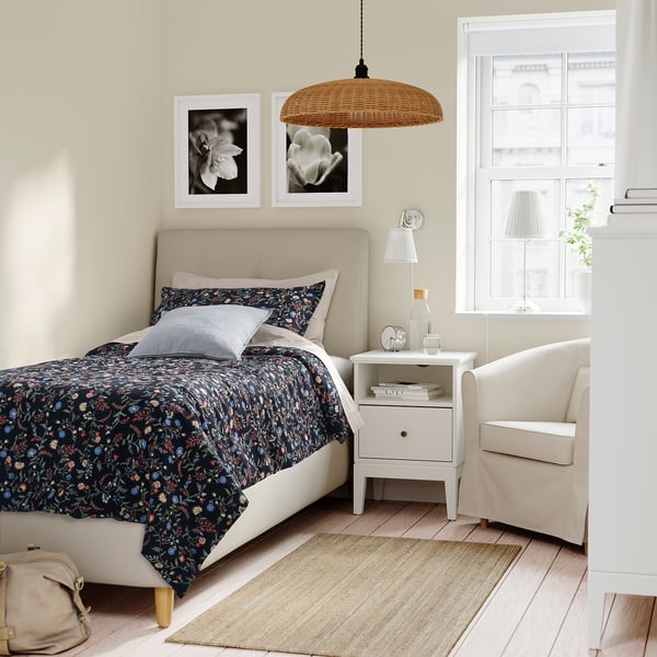 BRUDKRUSBÄR Comforter set, black/floral pattern, 150x200/50x80 cm