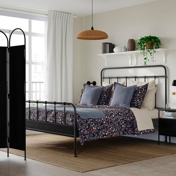 BRUDKRUSBÄR Comforter set, black/floral pattern, 240x220/50x80 cm