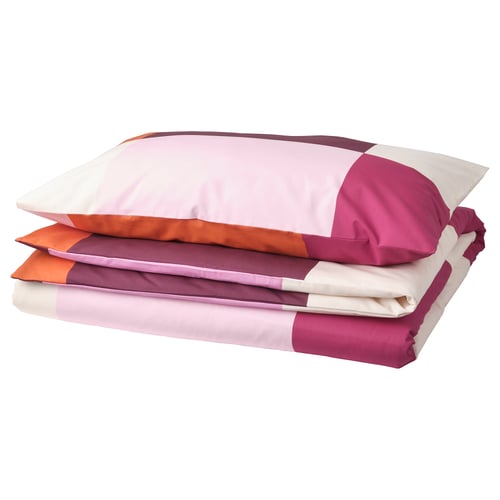 BRUNKRISSLA duvet set: pink, orange, white squares; cotton-viscose blend; neatly folded.