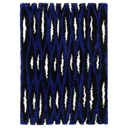 BULLERREMSA rug: navy blue, black, white stripes, shaggy texture, rectangular shape.