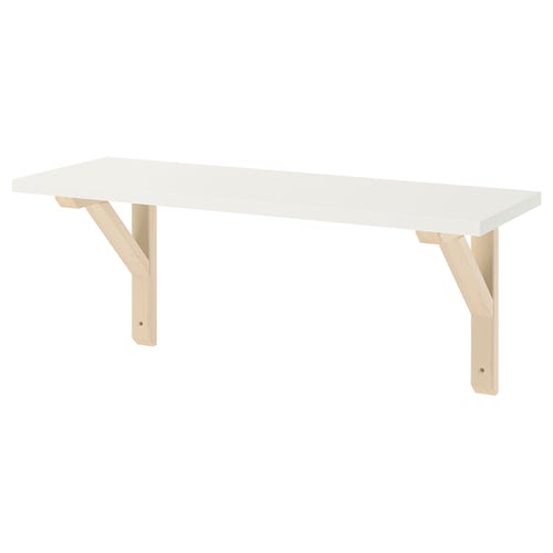 A BURHULT wall shelf in white. It has a rectangular shelf supported by two light-colored wooden brackets. The design is simple with clean lines.