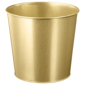 Gold-colored cylindrical metal planter; sleek, durable design; perfect for indoor plants.