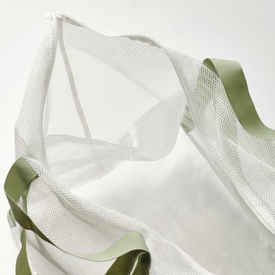 Mesh gym bag with green handles, three compartments, and ventilated design.