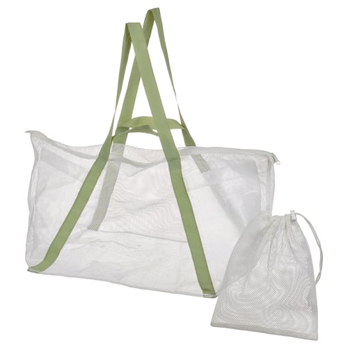 DAJLIENs gym bag in white mesh with green handles and compartments. Recycled polyester mesh allows air circulation.