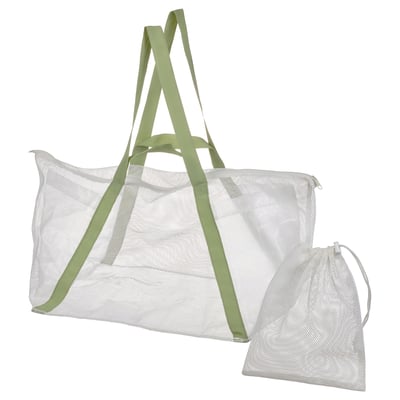 DAJLIENs gym bag in white mesh with green handles and compartments. Recycled polyester mesh allows air circulation.
