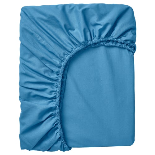 DVALA blue cotton fitted sheet, elastic edges, rectangular, smooth texture.