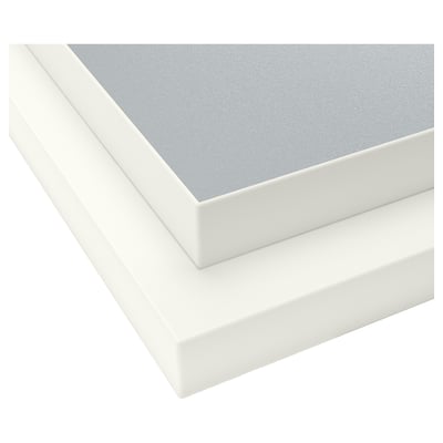 An EKBACKEN worktop in grey with white edging. Its rectangular and made of laminate and particleboard.