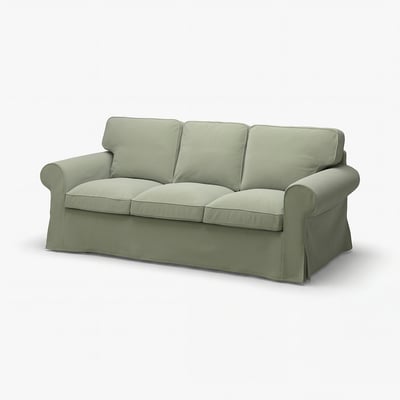 Green EKTORP sofa, 3-seat with rolled armrests & cushions.