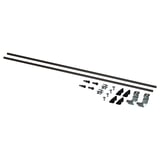 An ENHET kitchen island assembly kit. Two long black support rails, brackets, and screws in black and silver, all arranged neatly.