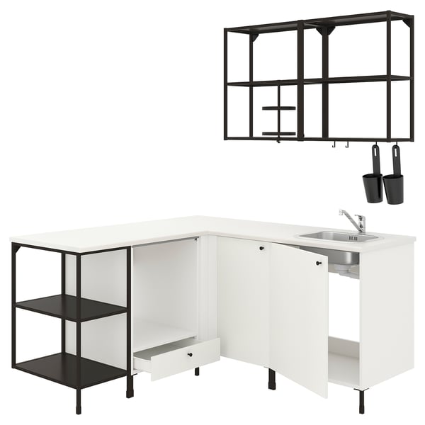 Modern ENHET kitchen set, white with black accents, sink, shelves, wall lights.