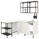 Modern ENHET kitchen set, white with black accents, sink, shelves, wall lights.