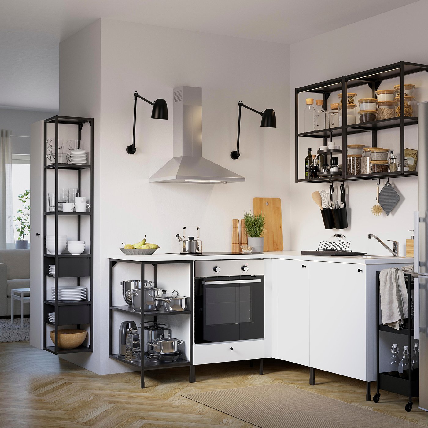 Modern white kitchen with black accents, stainless steel appliances, and sleek design. Open and closed storage, corner unit, wall lights.