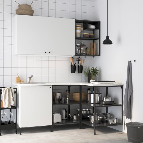 Modern white & black kitchen storage: wall & base units, open shelves, and hanging tools. Clean, minimalist design.