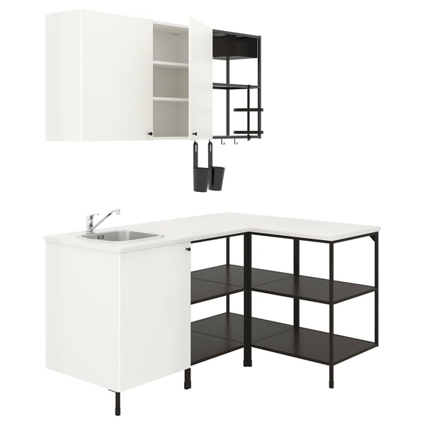 Modern white & black kitchen set, including sink, shelves, and cabinets with sleek design and ample storage.