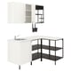 Modern white & black kitchen set, including sink, shelves, and cabinets with sleek design and ample storage.