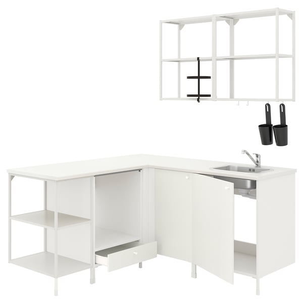 White ENHET kitchen set: sink, shelves, cabinets, and hooks. Stainless steel sink, metal shelves, and laminate countertop.
