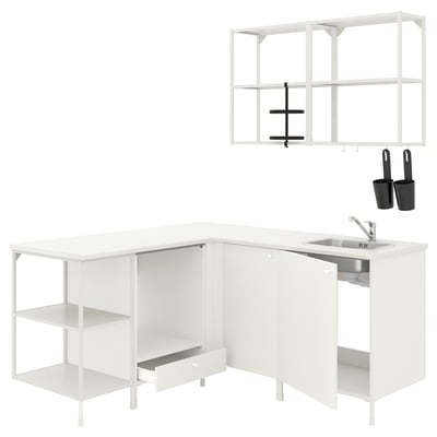 White ENHET kitchen set: sink, shelves, cabinets, and hooks. Stainless steel sink, metal shelves, and laminate countertop.