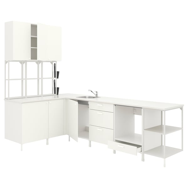 Modern white kitchen setup with cabinets, countertop, sink, pull-out drawers, and open shelves for storage and appliances.