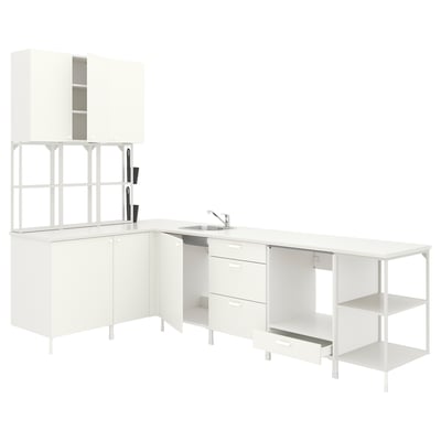 Modern white kitchen setup with cabinets, countertop, sink, pull-out drawers, and open shelves for storage and appliances.