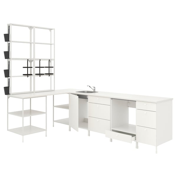 ENHET white kitchen unit: modern design with open shelves, drawers, sink, and storage.