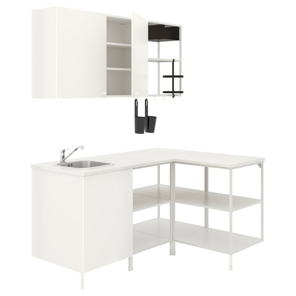 ENHET white kitchen setup: sink, counter, shelves, and cabinets. Modern, clean design for efficient storage.