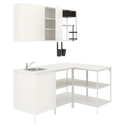 ENHET white kitchen setup: sink, counter, shelves, and cabinets. Modern, clean design for efficient storage.