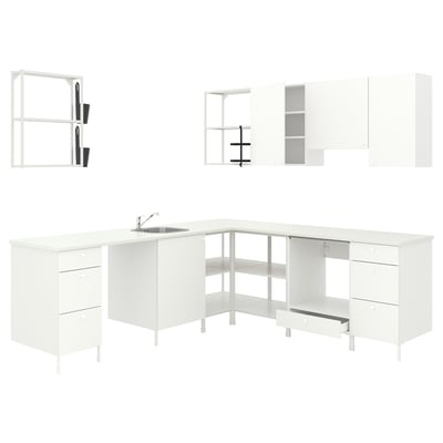 White ENHET kitchen set with cabinets, drawers, sink & tap.