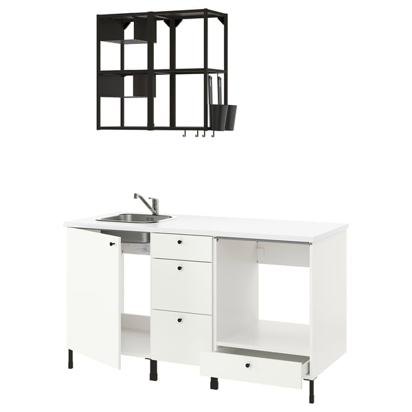ENHET white kitchen: base cabinets, sink, shelves. Modern minimalist design.