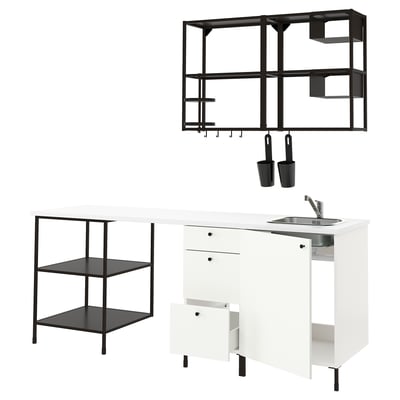 White ENHET kitchen furniture with black accents, including cabinets, shelves, and sink.