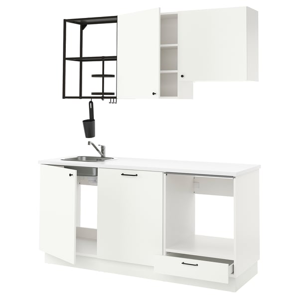 Modern white kitchen setup with cabinets, sink, and open shelves, efficient and stylish.