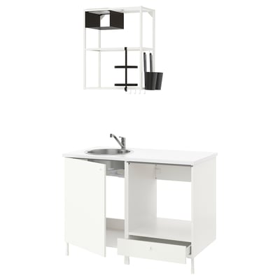 White ENHET compact kitchen setup: sink, cabinet, shelves with modern design, stainless steel fixtures.