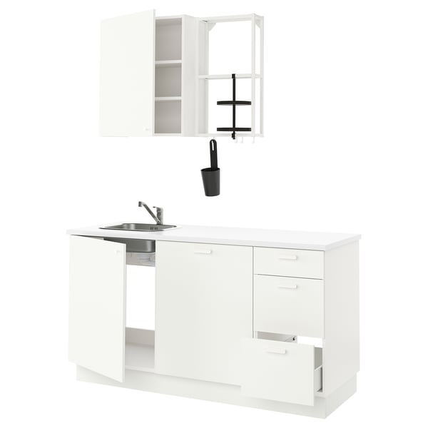 Modern white kitchen setup: ENHET series. Base cabinets, sink, wall cabinets, and accessories.