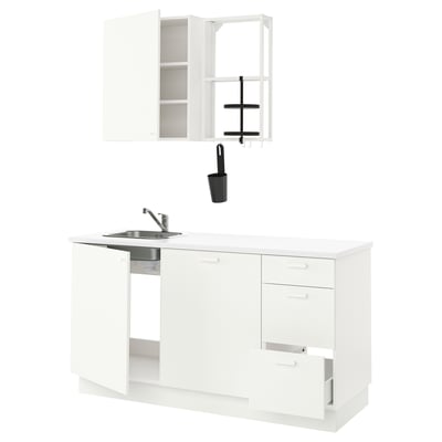Modern white kitchen setup: ENHET series. Base cabinets, sink, wall cabinets, and accessories.
