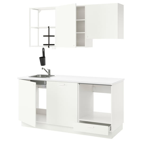 White ENHET kitchen with base & wall cabinets, sink, tap. Modern design offers open & closed storage.