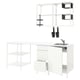 Modern white kitchen set with open and closed storage, sink, and black accessories. Efficient and sleek design for small spaces.