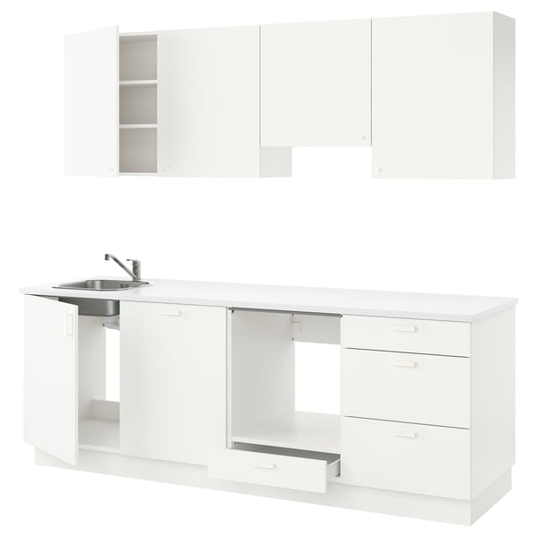 White ENHET kitchen set: 3 wall cabinets, base with sink, oven base, drawers. Modern, minimalist design.