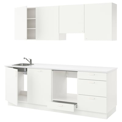 White ENHET kitchen set: 3 wall cabinets, base with sink, oven base, drawers. Modern, minimalist design.