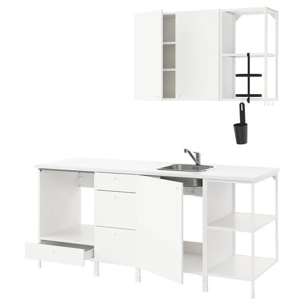 A white ENHET kitchen setup with cabinets, countertop, sink, and shelves.