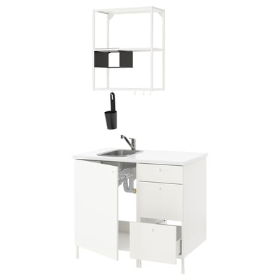 Modern white kitchen set: sink, shelves, drawers, handles.