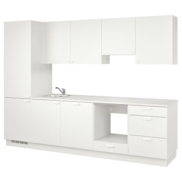 Modern white ENHET kitchen set with cabinets, drawers, and sink.