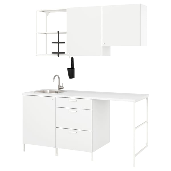 White ENHET compact kitchen set with sink, drawers, and cabinets. Modern design in stainless steel and white laminate.