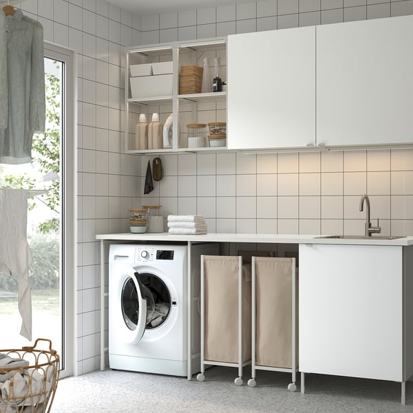 ENHET laundry setup: washing machine, shelves, & cabinets for organised storage.
