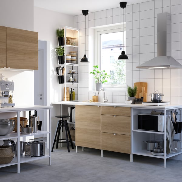 ENHET Storage combination, white/oak effect, 123x63.5x207 cm