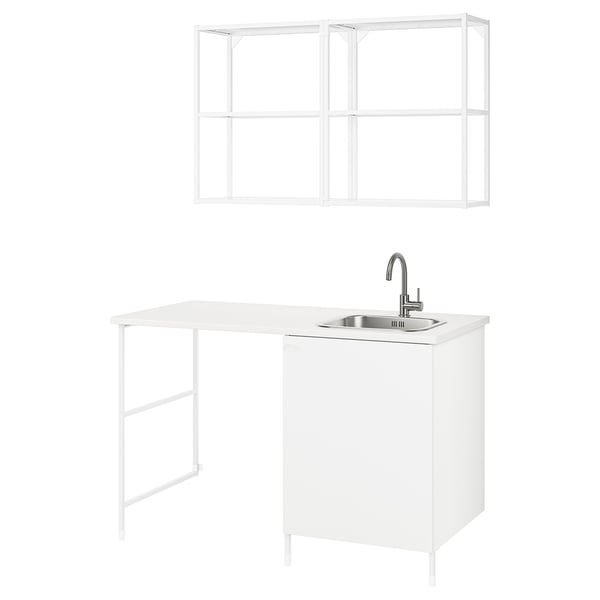 A white ENHET kitchen setup with a single-bowl sink and a wall shelf.
