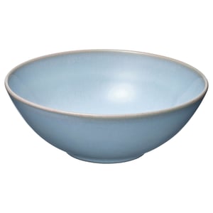 Sky blue FÄRGKLAR bowl, stoneware, rustic glaze, shallow round shape.