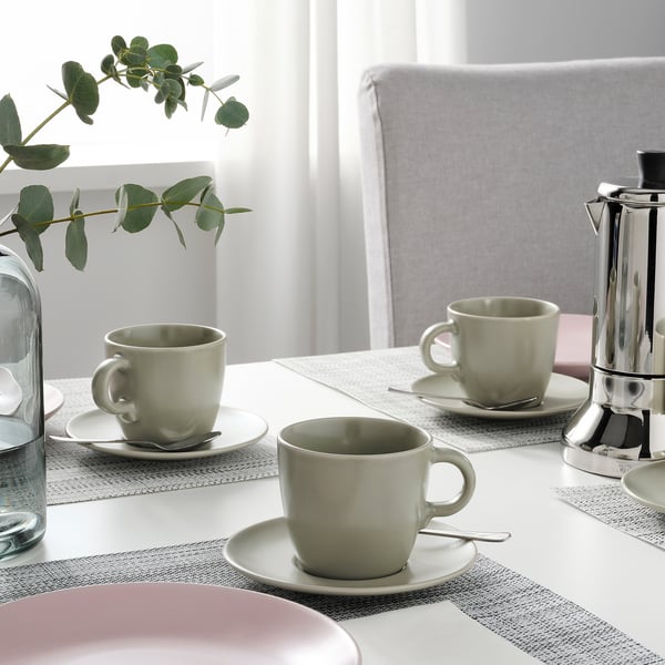 FÄRGKLAR Cup with saucer, matt green, 25 cl