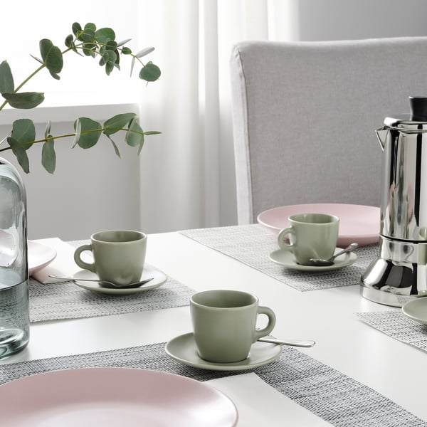 FÄRGKLAR Cup with saucer, matt/green, 7 cl